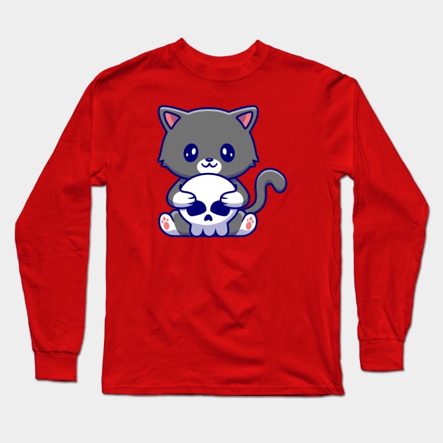 Cute Cat Holding Skull Bone Cartoon Long Sleeve T-Shirt by Catalyst Labs